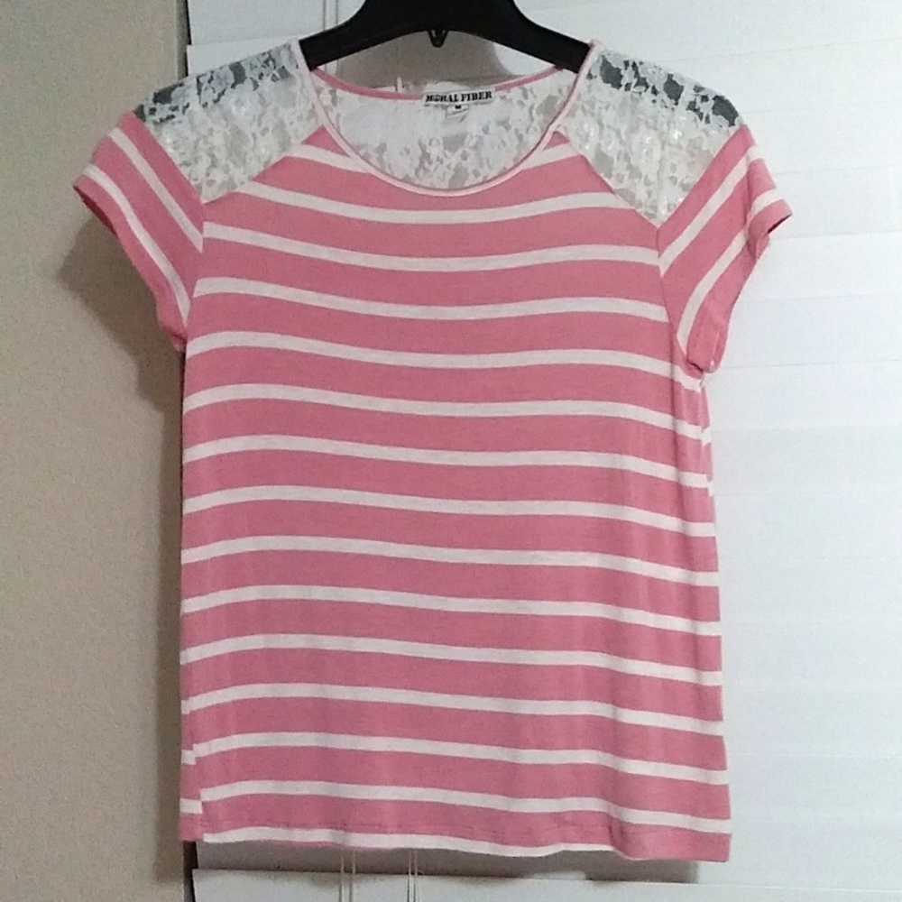 T-shirt Size M Pink & White Strips Seethreu Shoulders
